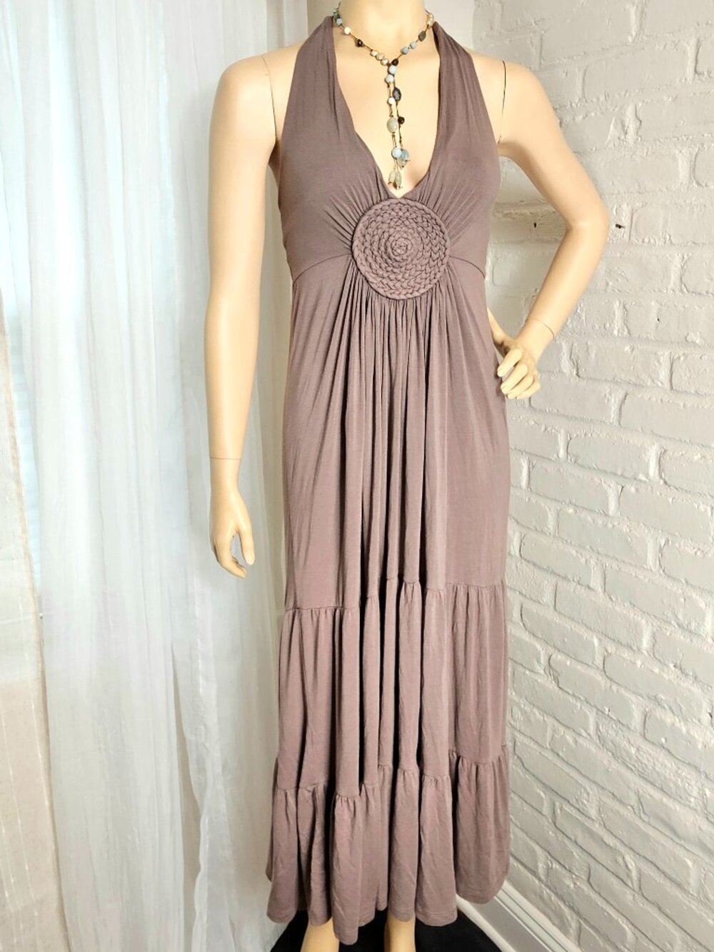My Tribe Brown Halter Maxi Dress Size S Boho Rosette Tiered Resort Dress